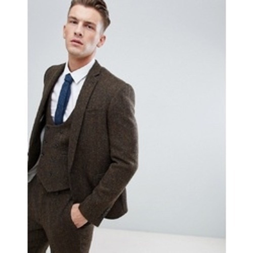 ASOS Harris Tweed Mens Brown Herringbone Wool Slim Fit Blazer Jacket 36R